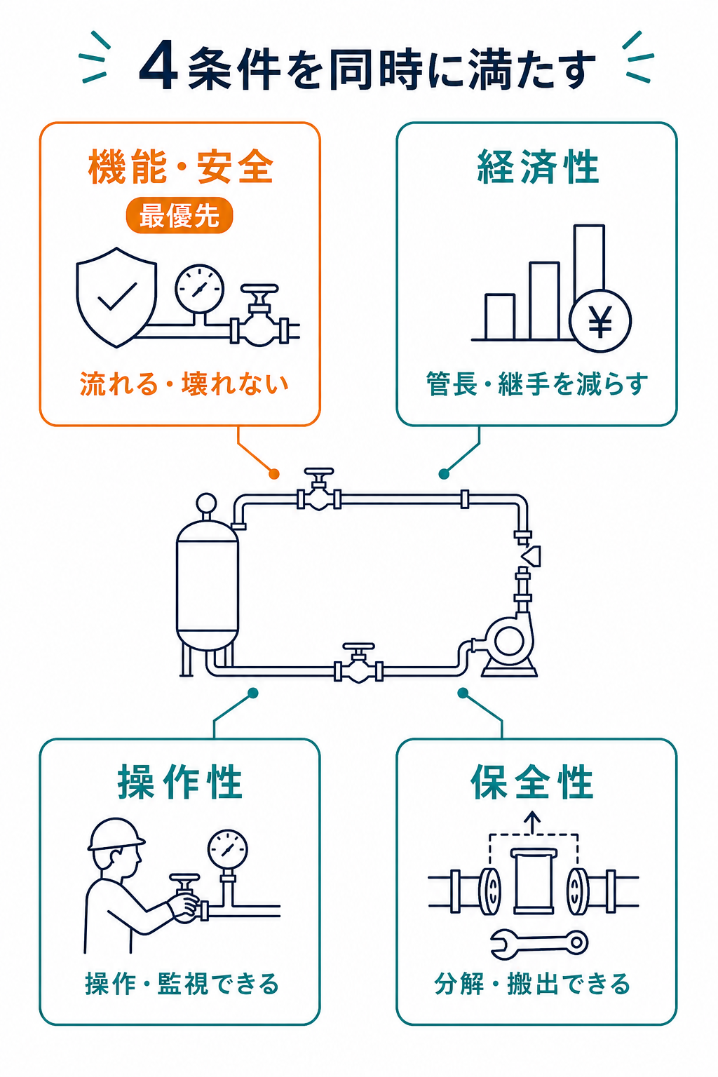配管レイアウトが機能安全、経済性、操作性、保全性の4条件を同時に満たすことを示す図
