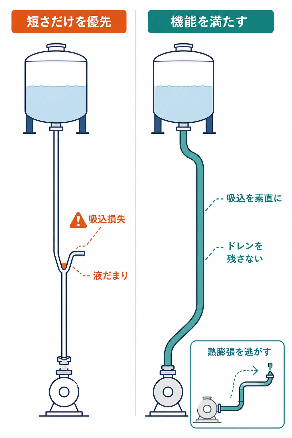 単に短い配管ルートと、勾配、熱膨張、ポンプ吸込、ドレン排出を満たす機能的なルートを比較した図