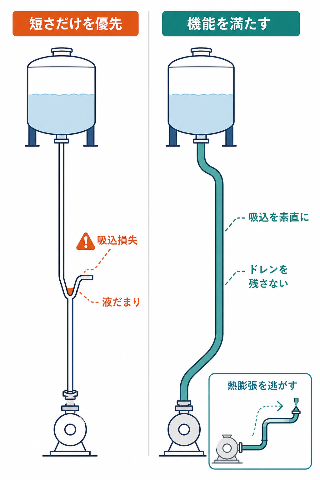 単に短い配管ルートと、勾配、熱膨張、ポンプ吸込、ドレン排出を満たす機能的なルートを比較した図