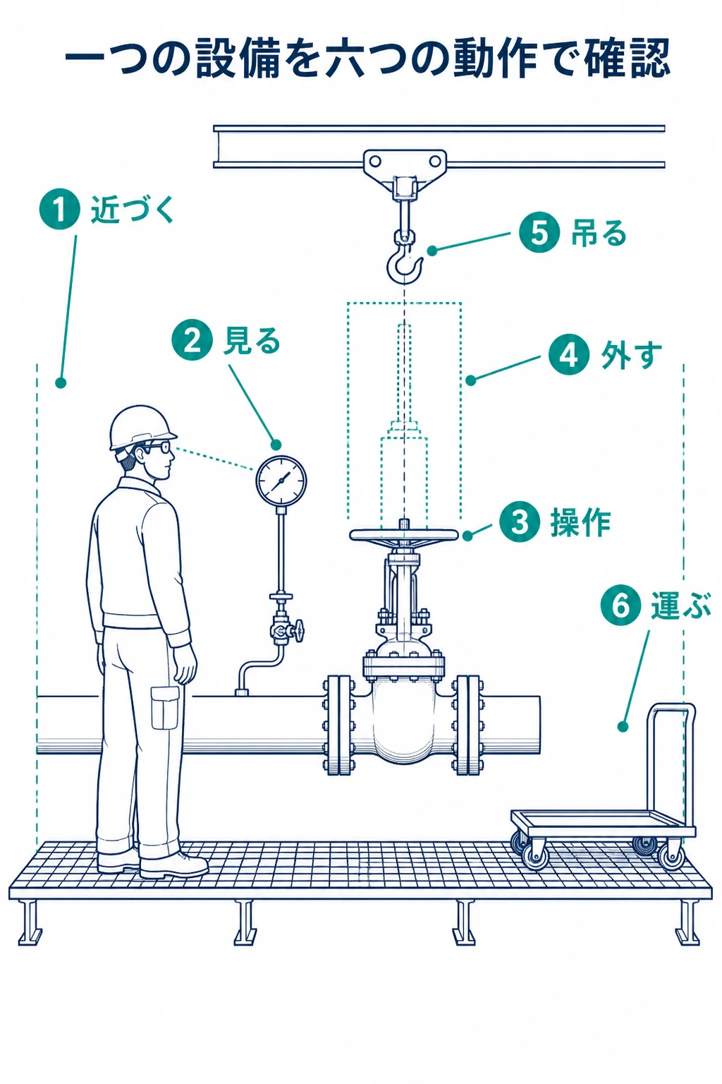 一つのバルブ設備について接近、計器視認、操作、分解、吊上げ、搬出の六つを確認する配置レビュー
