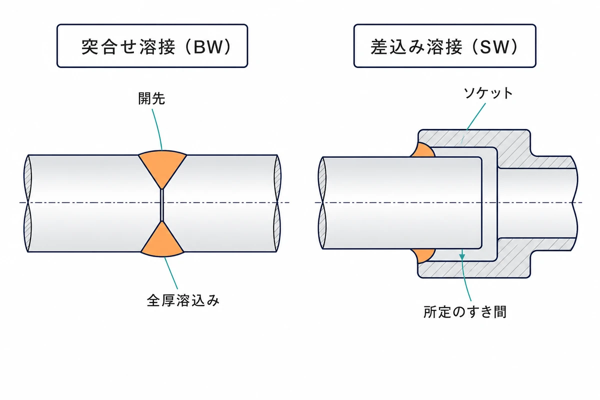 突合せ溶接と差込み溶接の断面を比較し、開先・溶込み・ソケット・すき間を示した図