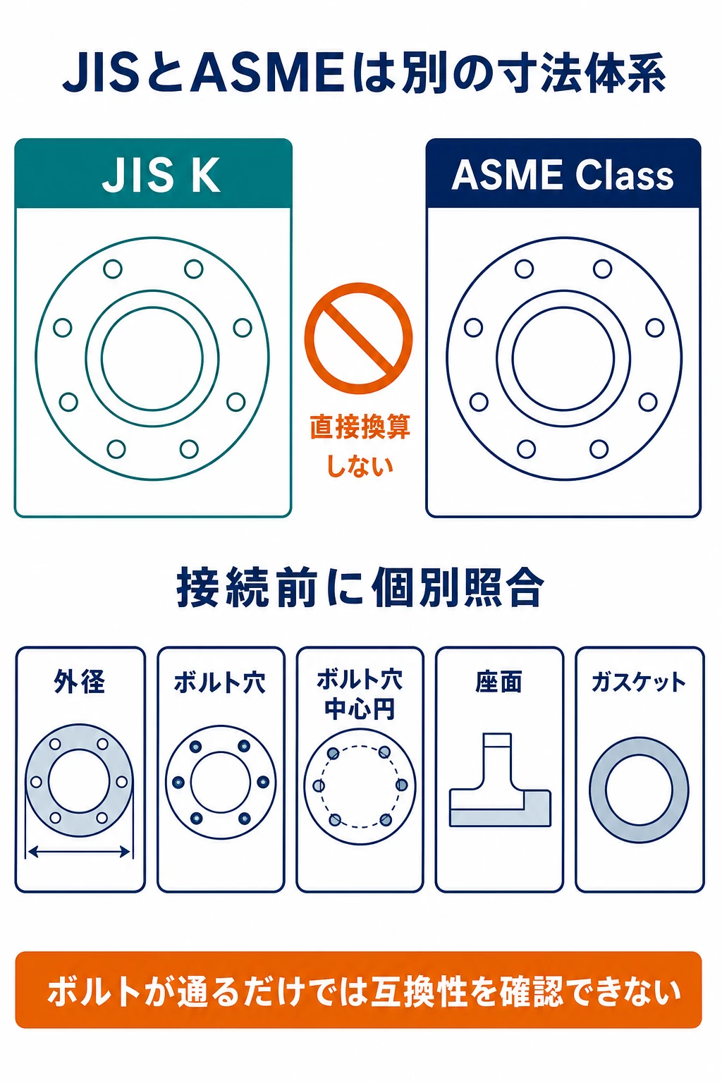 JISとASMEで外径、ボルト穴、ボルト穴中心円、座面、ガスケット寸法を個別に照合する必要を示した図