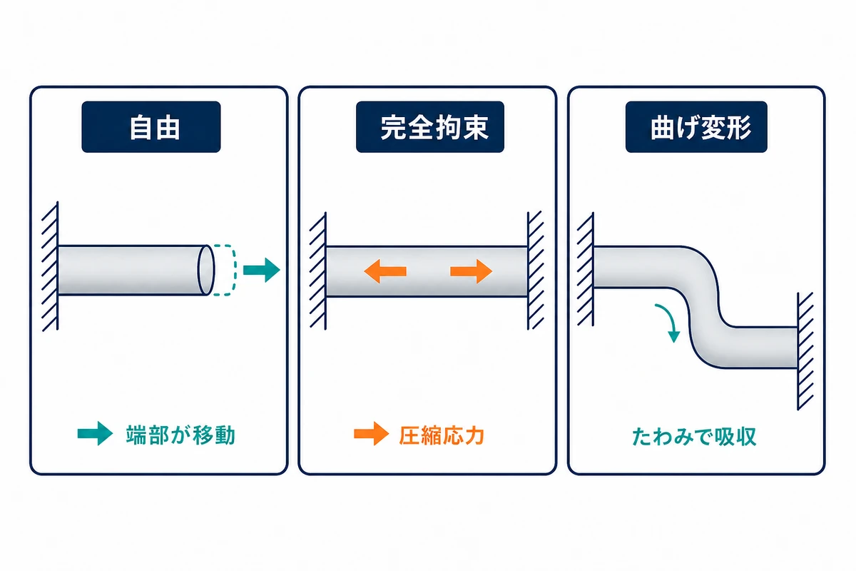 自由膨張・完全拘束・オフセット配管のたわみによる熱膨張吸収を比較した図