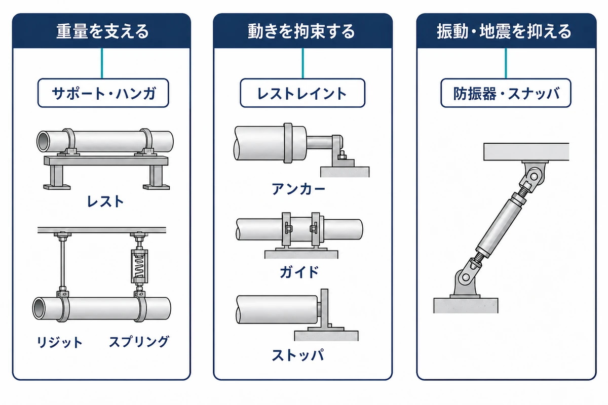 重量支持・移動拘束・防振耐震に配管支持装置を分類した図