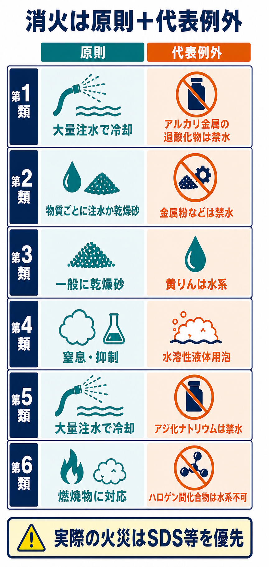 危険物の第1類から第6類について、消火の原則と代表的な例外を横並びで比較した図