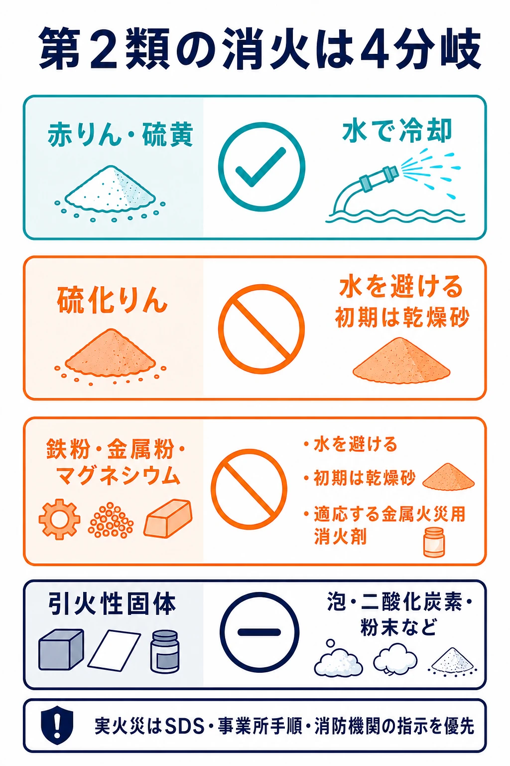 第2類危険物の消火を赤りん・硫黄、硫化りん、金属類、引火性固体に分けた図