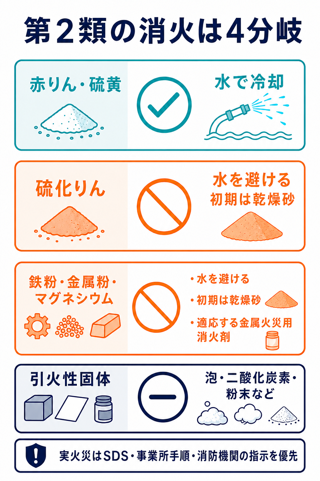 第2類危険物の消火を赤りん・硫黄、硫化りん、金属類、引火性固体に分けた図