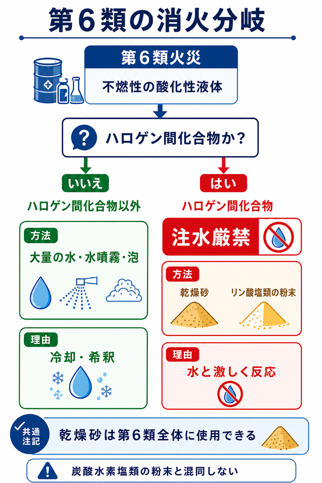 第6類の消火を一般の水系消火とハロゲン間化合物の乾燥砂・リン酸塩類粉末に分けた図