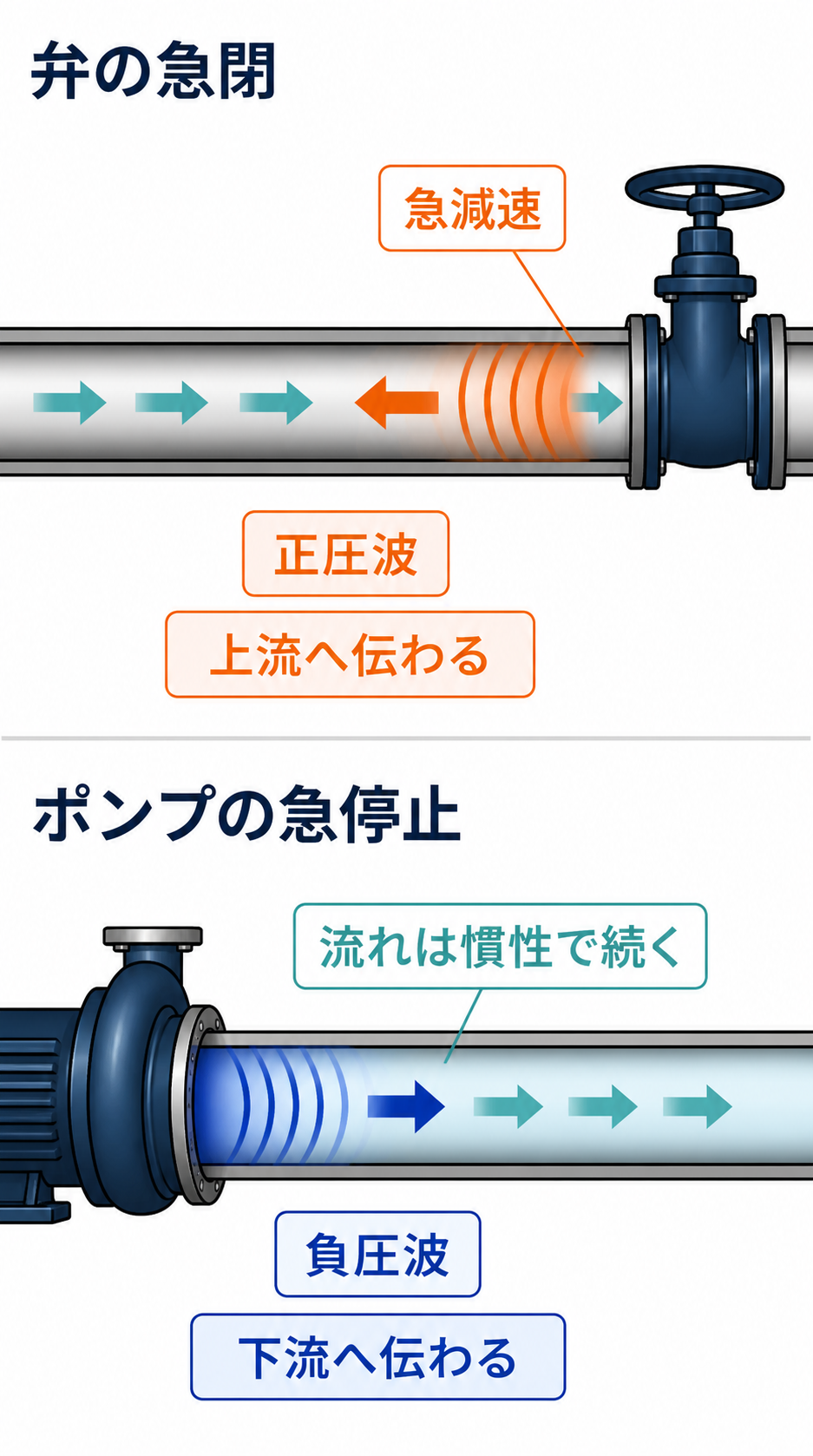 弁の急閉で正圧波が上流へ伝わる場合と、ポンプ急停止で負圧波が下流へ伝わる場合の比較図