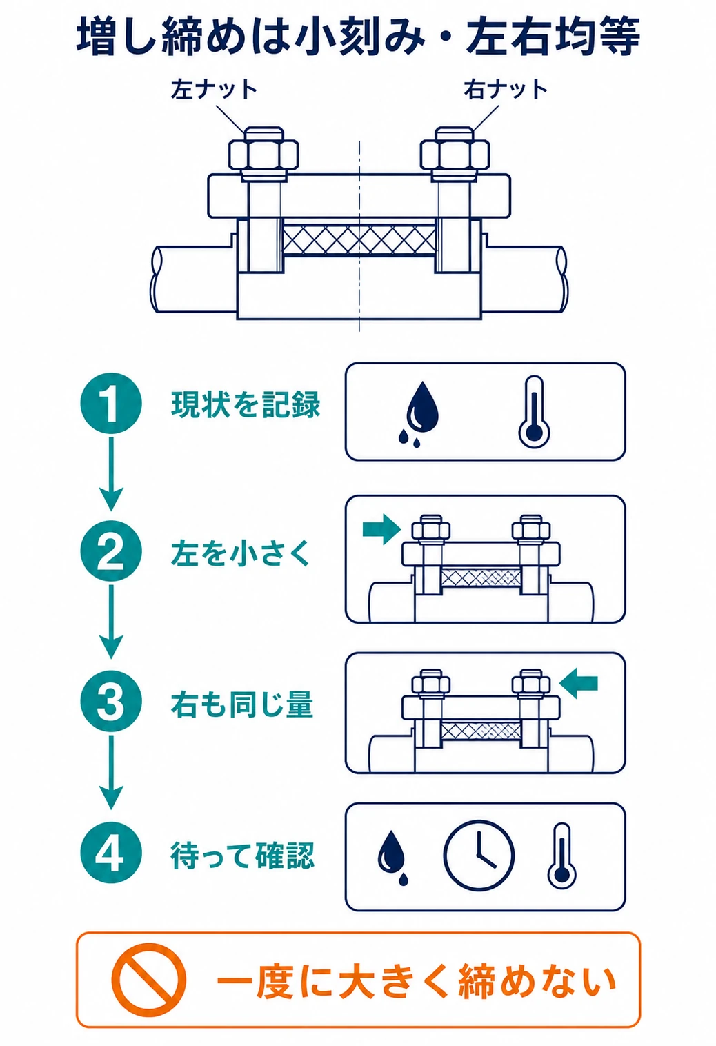 グランド押えを左右交互に小さく締め、漏れと温度を確認する手順を示した図