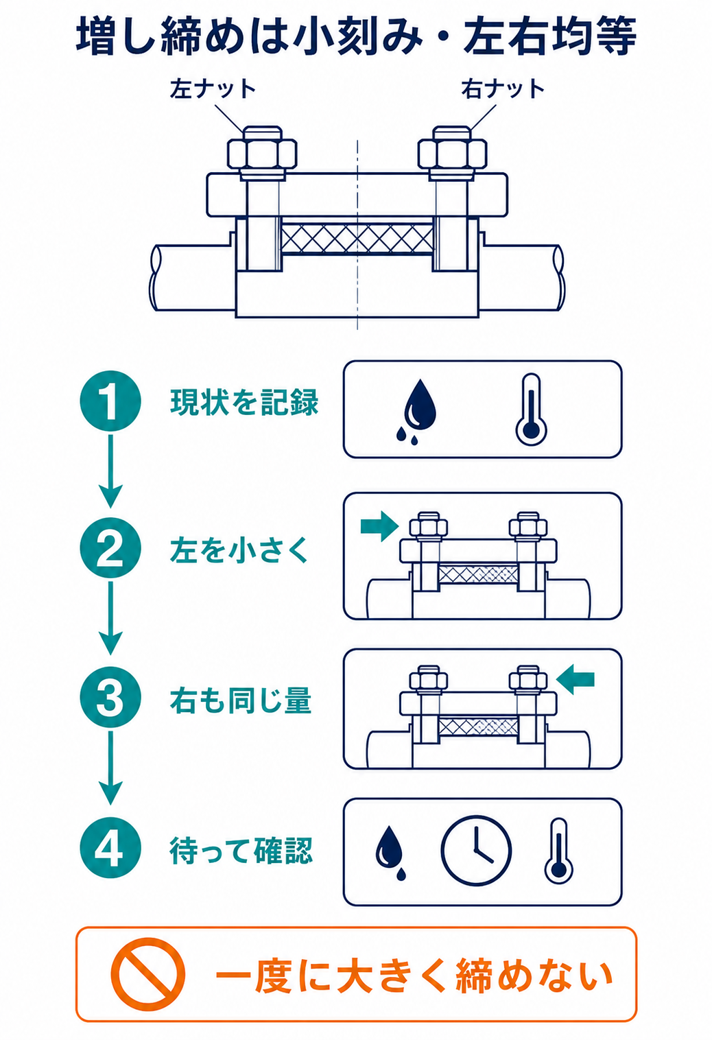 グランド押えを左右交互に小さく締め、漏れと温度を確認する手順を示した図