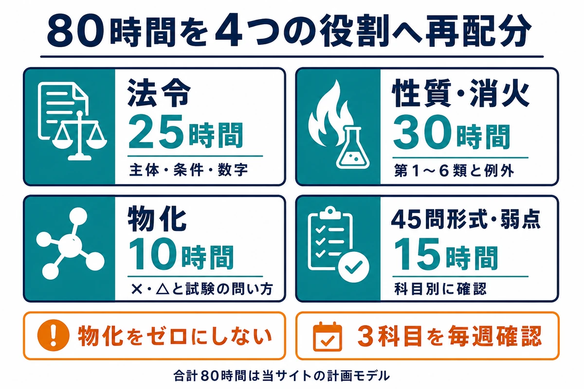80時間を法令25時間、性質消火30時間、物化10時間、45問形式と弱点15時間へ配分した図
