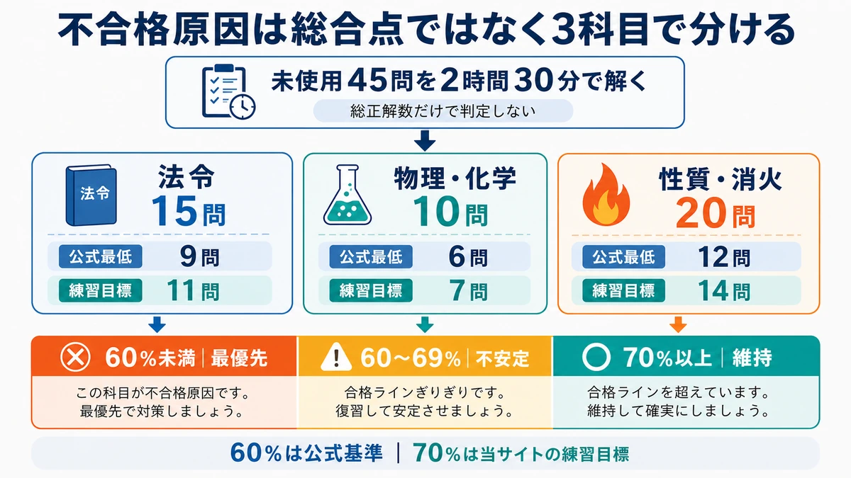 未使用45問を2時間30分で解き、法令・物理化学・性質消火を科目別に判定する診断図