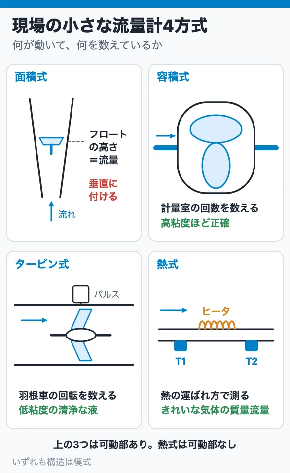 現場の小さな流量計4方式