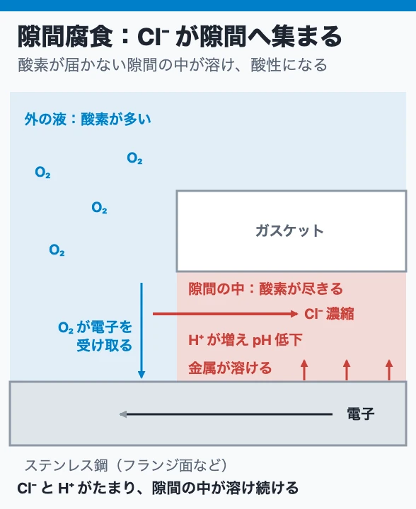 隙間腐食:Cl⁻ が隙間へ集まる