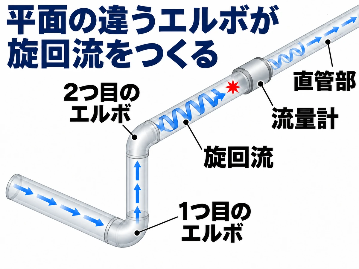 平面の違うエルボが旋回流をつくる