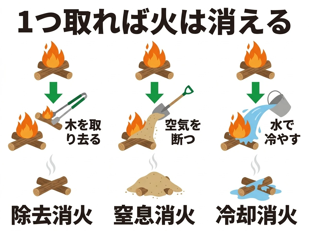三要素のどれか1つを取れば火は消える(除去・窒息・冷却)