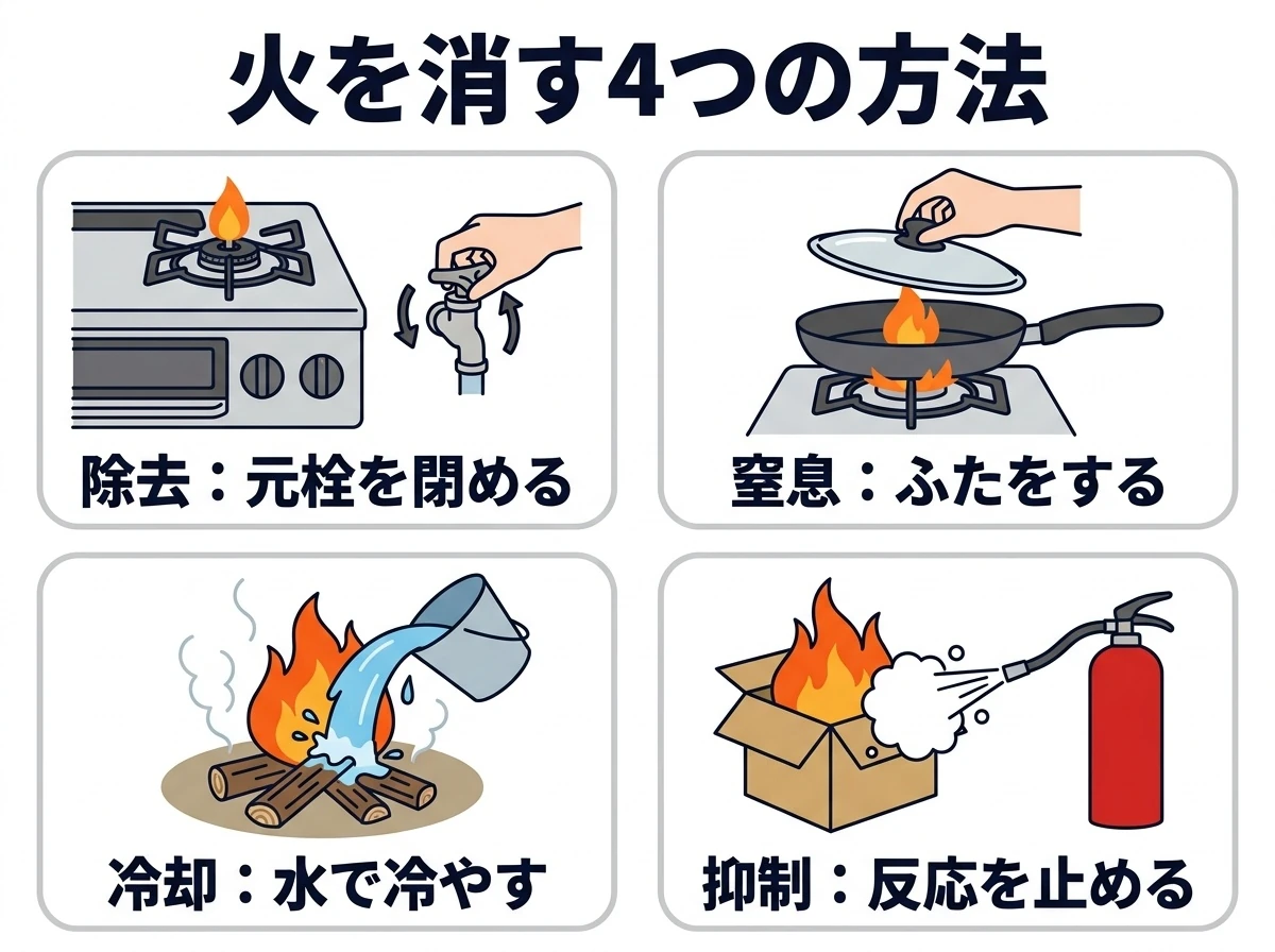 除去・窒息・冷却・抑制を4つの場面で見る