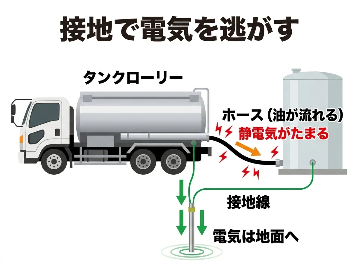 接地は、たまった電気を地面へ逃がす道(タンクローリーの荷下ろし)