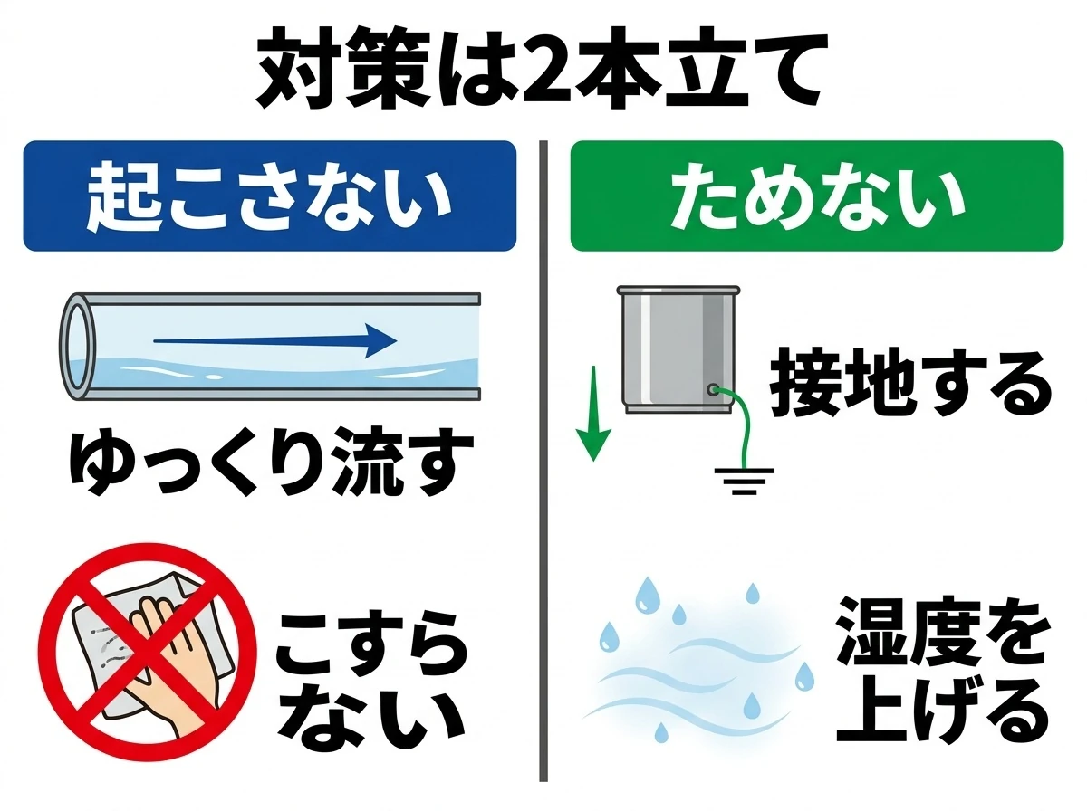 静電気の対策は「起こさない」と「ためない」の2本立て