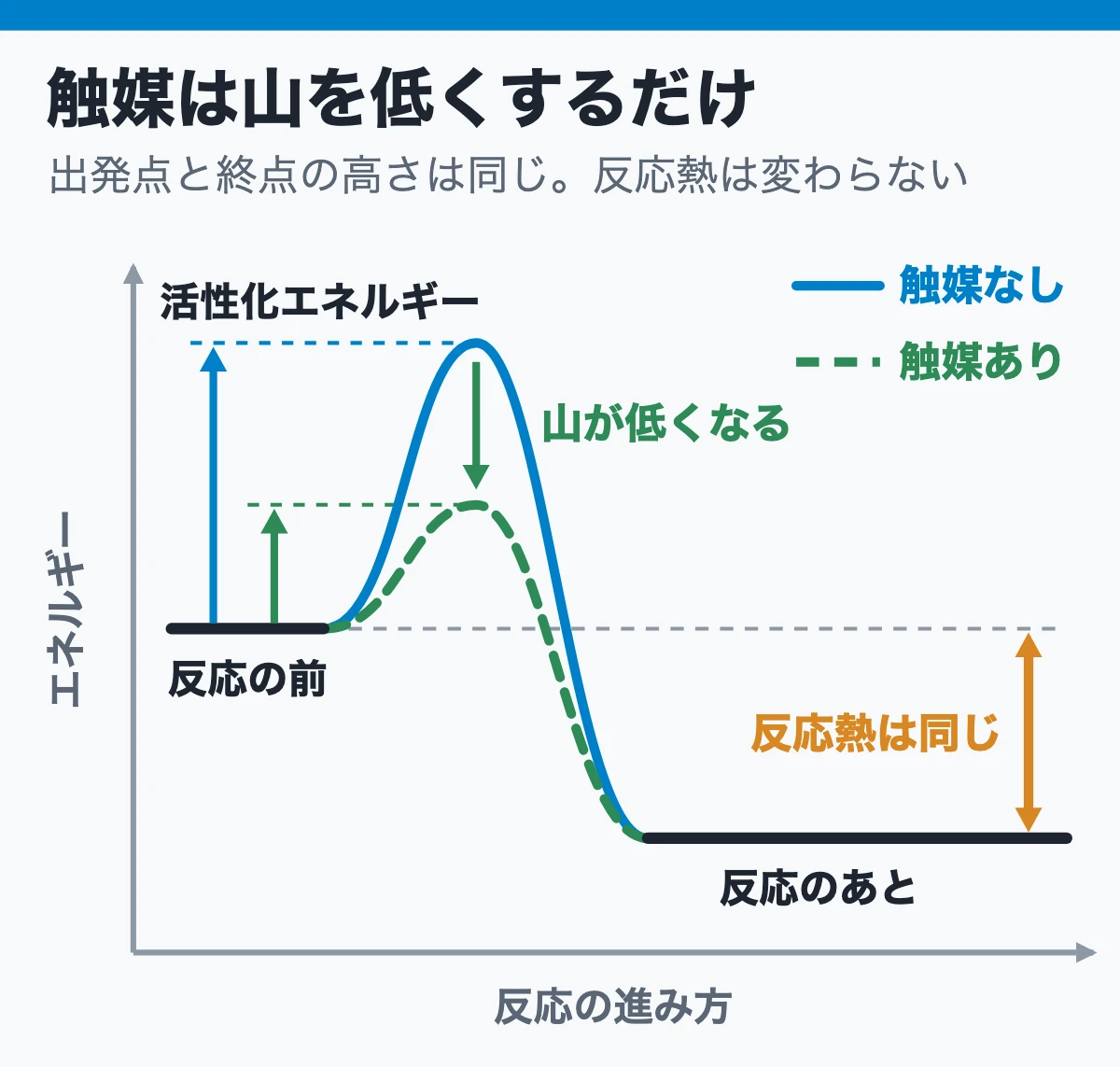 触媒は山を低くするだけで、反応熱は変わらない(触媒あり・なしのエネルギーの山)