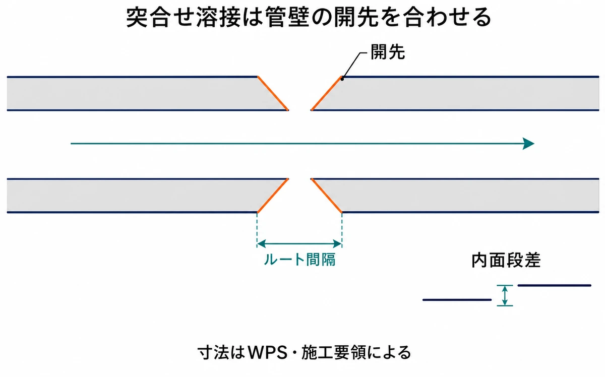 水平な中空管の軸断面で、中央流路を開いたまま上下の管壁内にV形開先を設け、ルート間隔と局所的な内面段差を管理する位置を示す図