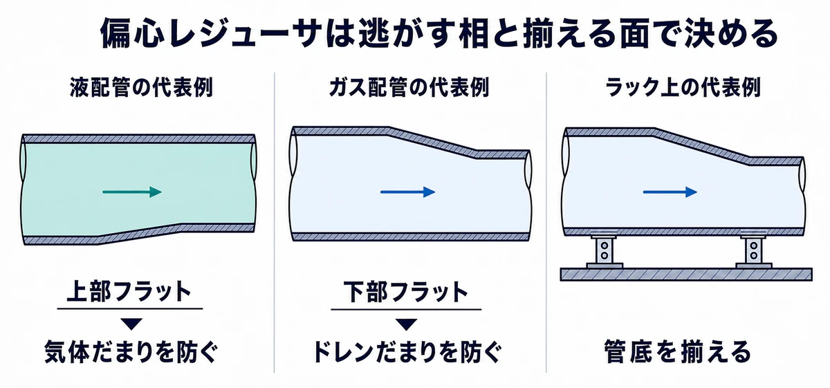 水平液配管で気体だまりを避ける上フラット、水平ガス配管でドレンだまりを避ける下フラット、ラック上で管底高さを揃える下フラットを比較した図