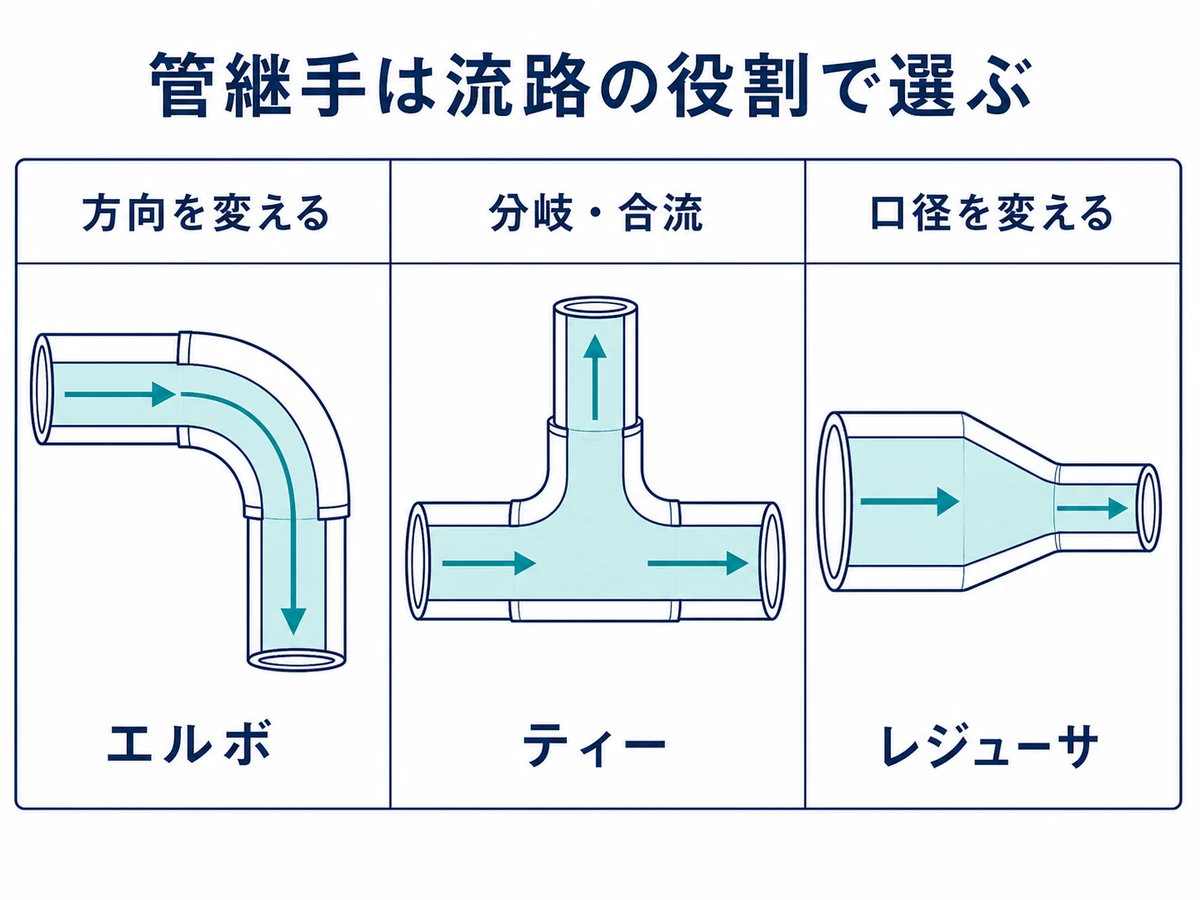 直管に対してエルボは方向変更、ティーは分岐合流、レジューサは口径変更を行い、それぞれ流れと施工上の確認点が異なることを示す図