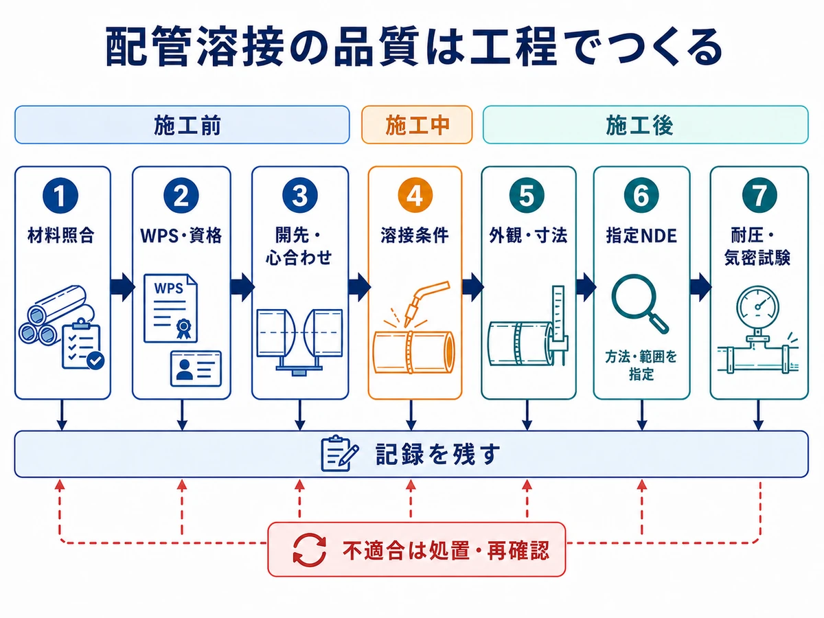 材料確認、WPSと作業者資格、開先心合わせ、施工条件、外観寸法、指定NDE、耐圧気密試験へ順に進む配管溶接の品質管理フロー