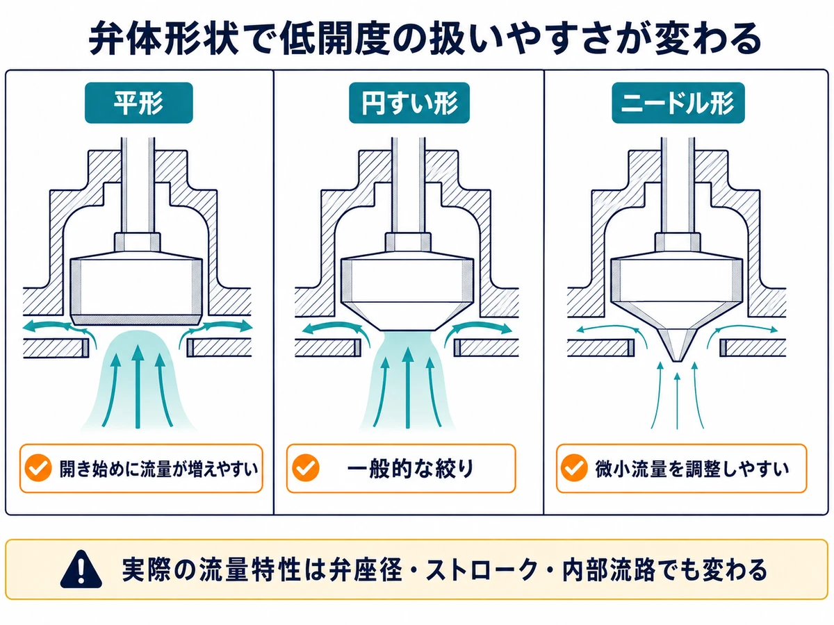 玉形弁の平形、円すい形、ニードル形を同じ開度で比較し、開き始めの流量変化と微小流量の調整しやすさの違いを示した図