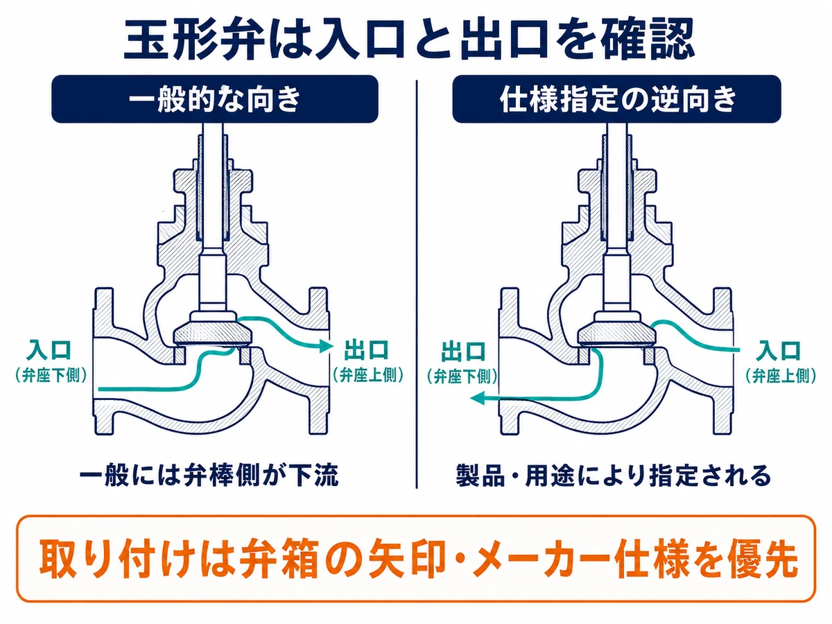 同じ玉形弁断面で、一般的な弁座下側入口から上側出口への流れと、仕様指定による弁座上側入口から下側出口への逆向きの流れを比較した図