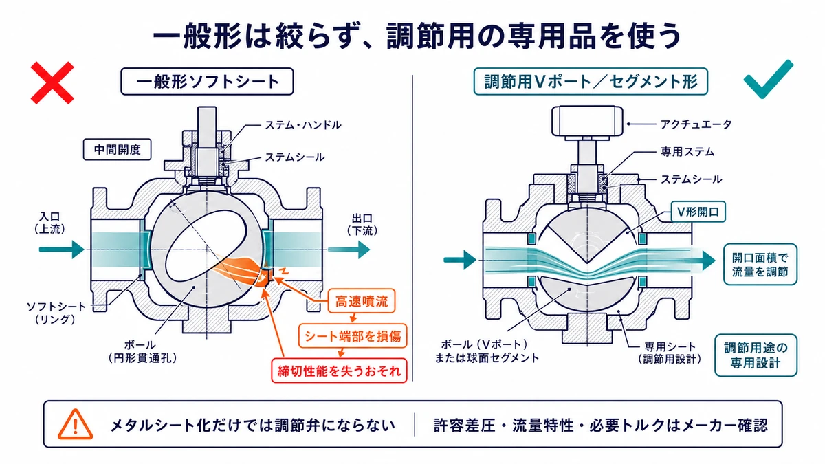 中間開度の一般ソフトシートボール弁で高速噴流がシート端部へ当たる状態と、Vポートまたはセグメント形の専用ボール調節弁で開口面積を制御する状態を比較した図