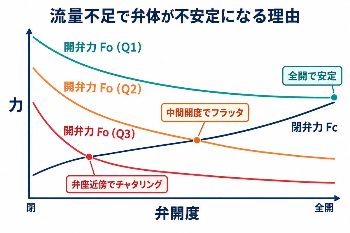 スイング逆止弁の弁開度に対する開弁力Foと閉弁力Fcを示し、流量Q1では全開安定、Q2では中間開度のフラッタ、Q3では弁座近傍のチャタリングとなる関係を比較した概念グラフ