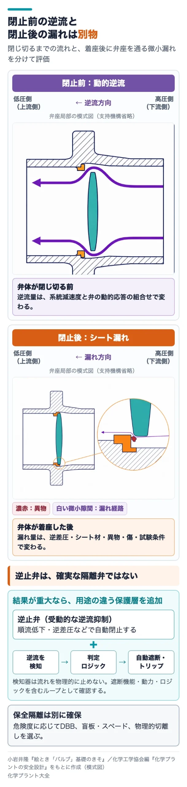 逆止弁が閉じる前の動的逆流、着座後に異物やシート傷から生じる漏れ、重大な逆流へ独立遮断弁と逆流検知を追加する考え方を比較した図