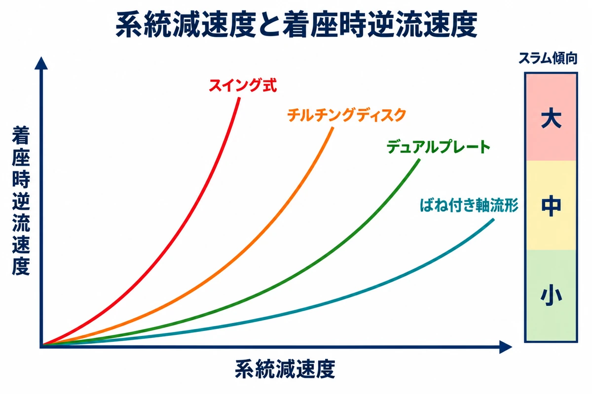 横軸を系統減速度、縦軸を着座時逆流速度とし、スイング式、チルチングディスク、デュアルプレート、ばね付き軸流形の曲線位置を比較した概念グラフ