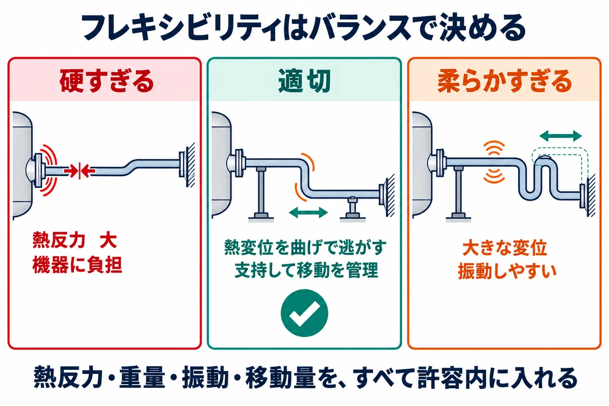 硬すぎてノズル反力が大きい配管、適切なルートと支持で熱移動を管理した配管、柔らかすぎて大きく振れる配管を比較した図
