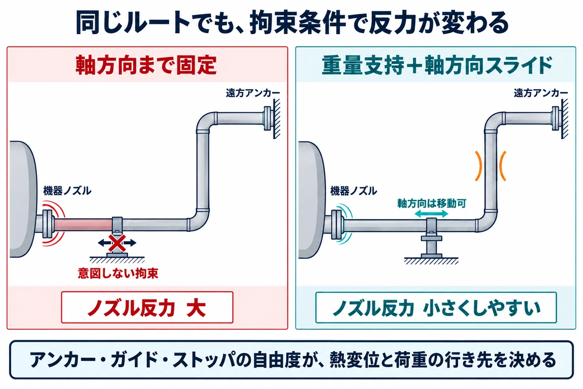 同じ機器接続オフセット配管で、途中支持が軸方向を止める場合と、ガイドが軸方向移動を許す場合のノズル反力の違いを示す図