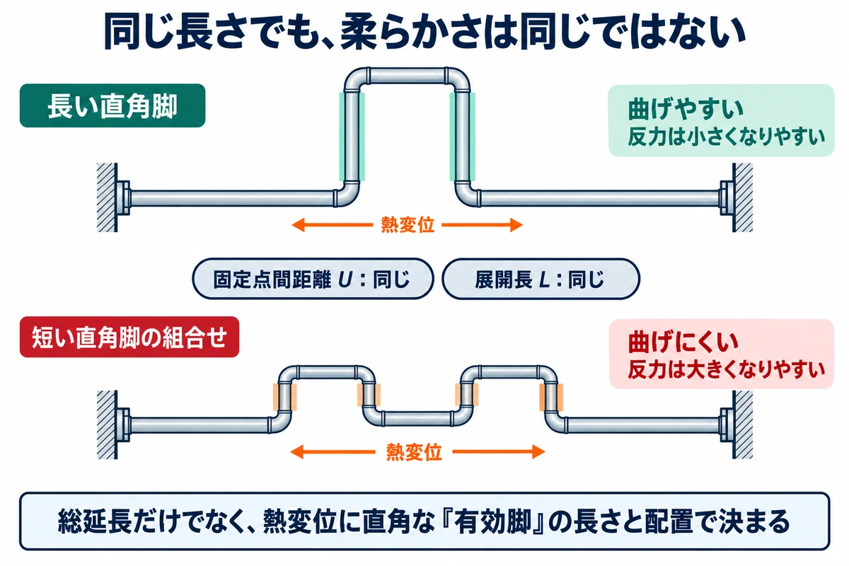 固定点間距離と展開長が同じ二つの配管ルートを比較し、熱膨張方向と直角な有効脚の長さにより柔軟性が変わることを示す図