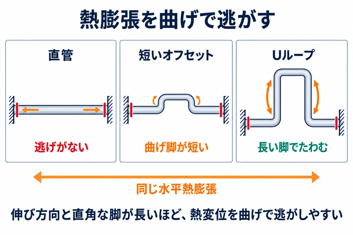 両端固定の直管、短いオフセット、十分な高さのUループを比較し、伸び方向と直角な脚の曲げで熱膨張を逃がす仕組みを示す図