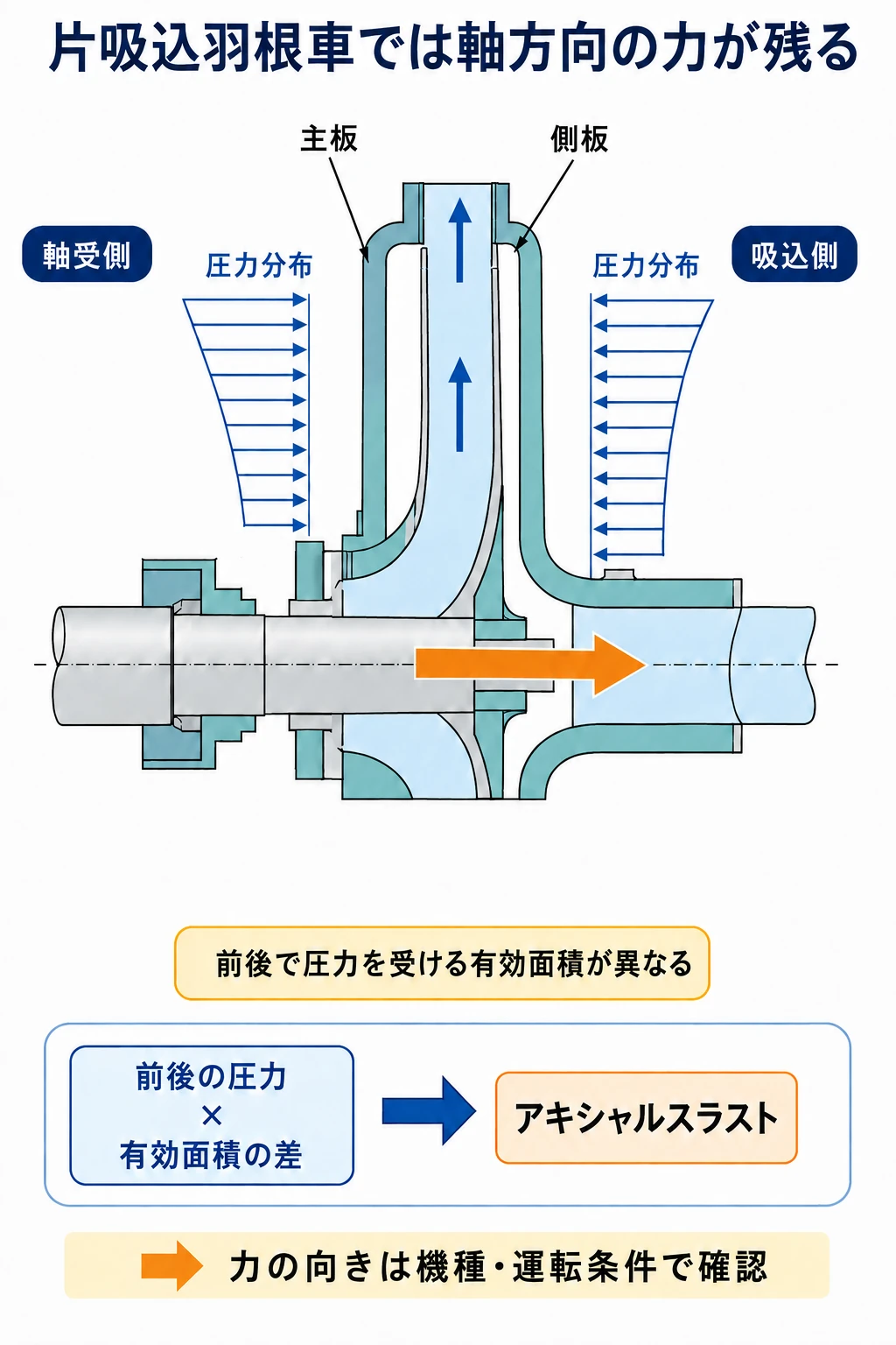 片吸込遠心ポンプの羽根車前後に働く圧力分布と有効面積の差から吸込側へのアキシャルスラストが生じる図