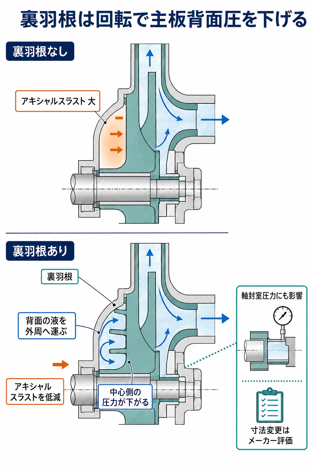 羽根車主板背面の裏羽根が液を中心から外周へ運び、中心側圧力とアキシャルスラストを下げる図