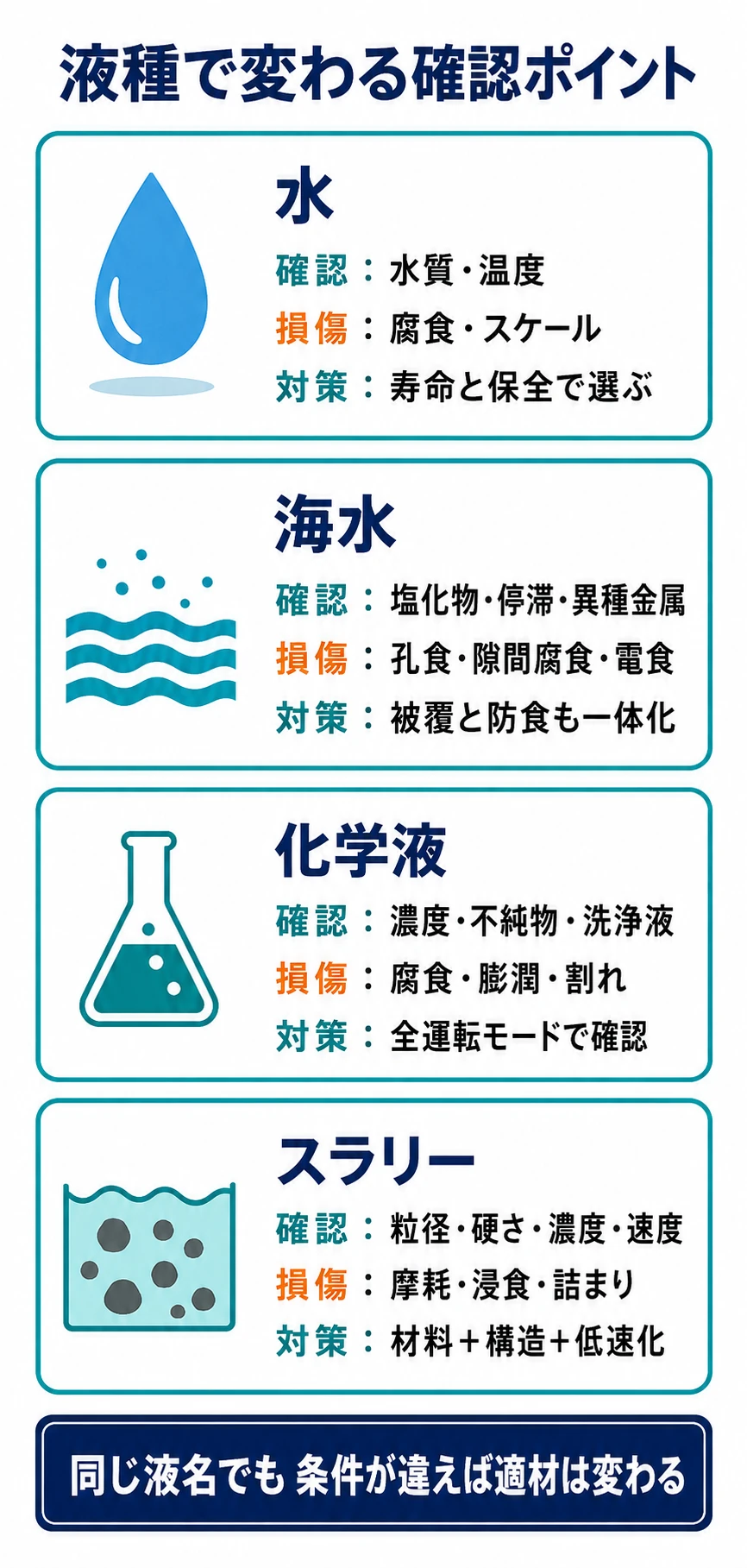 水、海水、化学液、スラリーについて材料選定時の確認条件、主な損傷、対策を比較した図