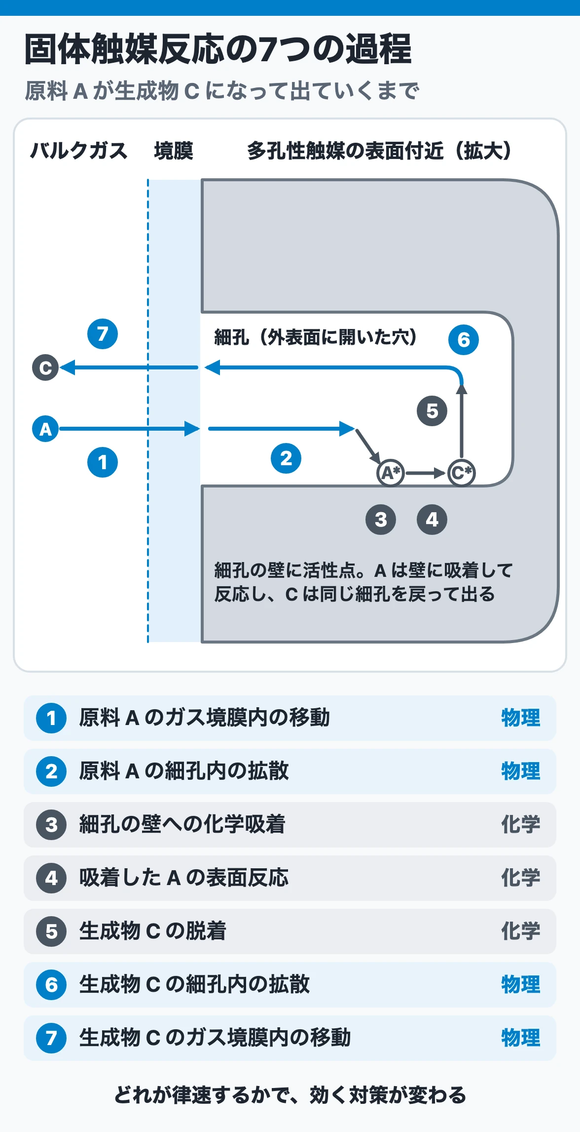 固体触媒反応の7つの過程：原料Aが境膜移動・細孔内拡散（物理）、吸着・表面反応・脱着（化学）を経て生成物Cとなり、細孔内拡散・境膜移動（物理）で出ていく7過程で、律速段階により対策が変わる