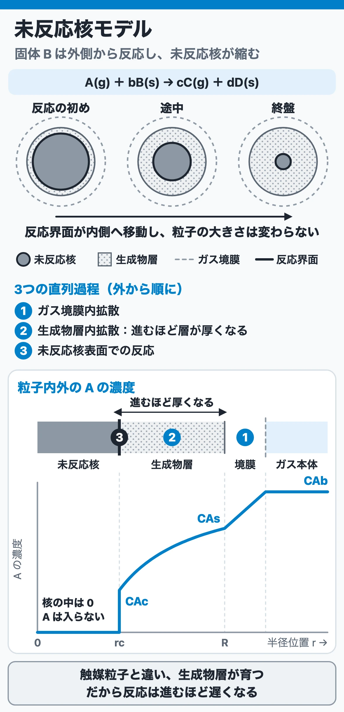 未反応核モデル:粒子の大きさは変わらずに反応界面が内側へ移動し、反応ガスAの濃度はガス本体から境膜と生成物層で下がって界面でゼロになり、未反応核の中には入らない