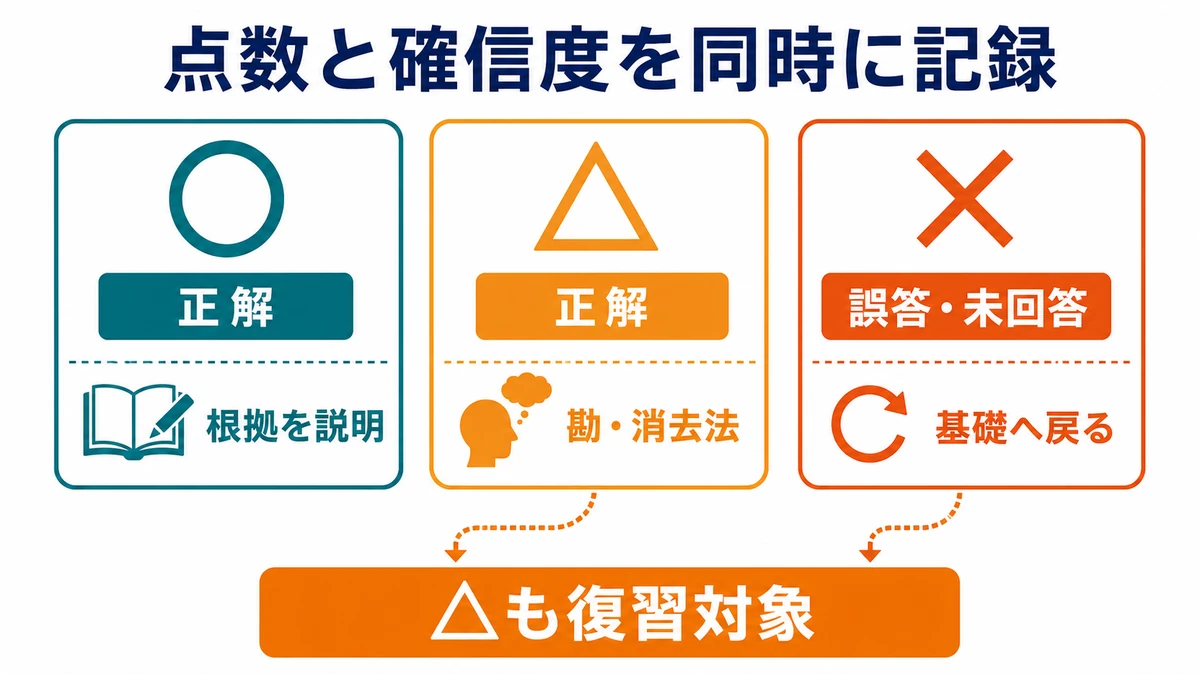 勉強前診断で正解かつ根拠を説明できる問題を丸、勘や消去法による正解を三角、誤答や未回答をばつとして記録する図