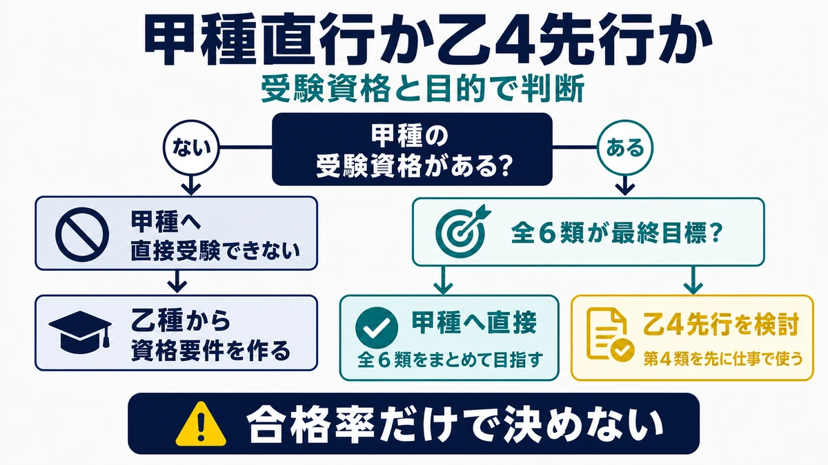 甲種の受験資格と仕事で必要な危険物から甲種直行と乙4先行を選ぶ判断フロー