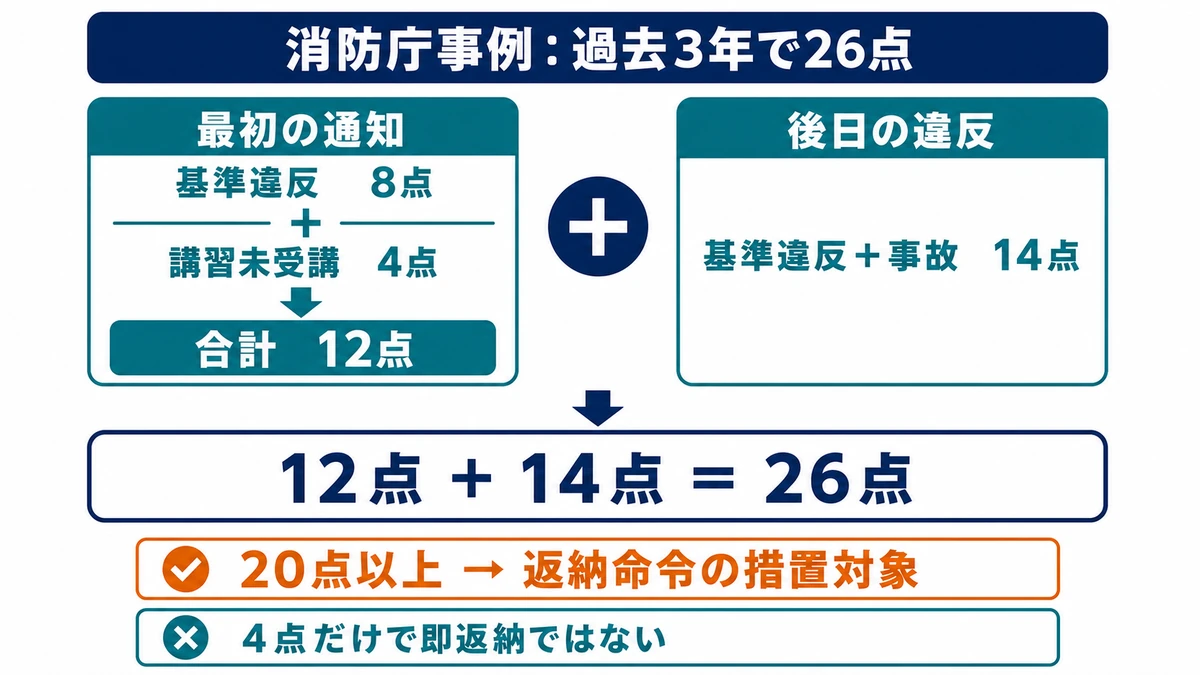 最初の違反12点と後日の違反14点を合算し26点となった消防庁の免状返納命令事例の図