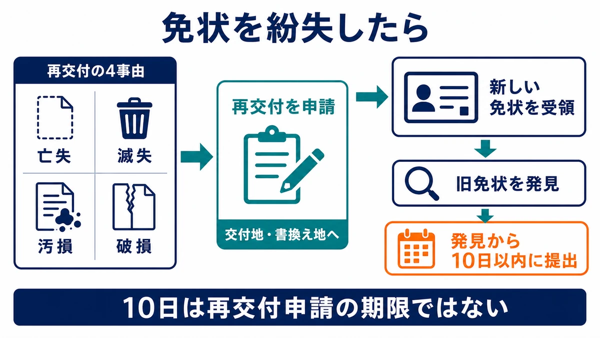 亡失・滅失・汚損・破損から再交付を申請し、旧免状発見後10日以内に提出する流れを示す図
