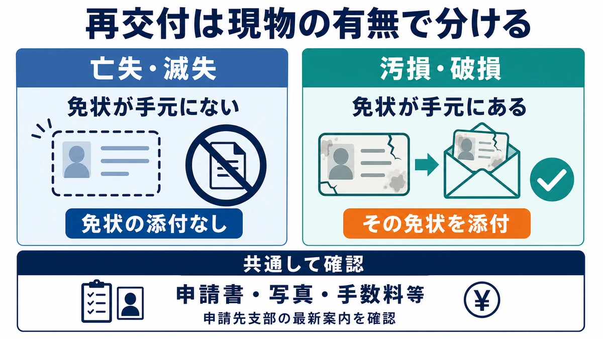 亡失・滅失では免状を添付せず、汚損・破損では現物を添付する違いを比較した図