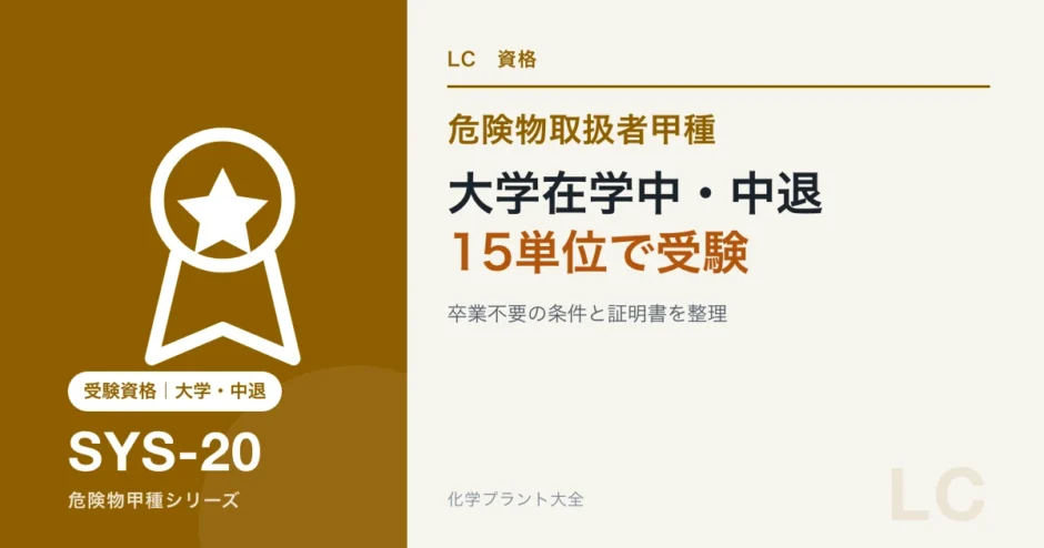 大学在学中や中退後に危険物取扱者甲種を受験する15単位ルートを解説する記事のアイキャッチ
